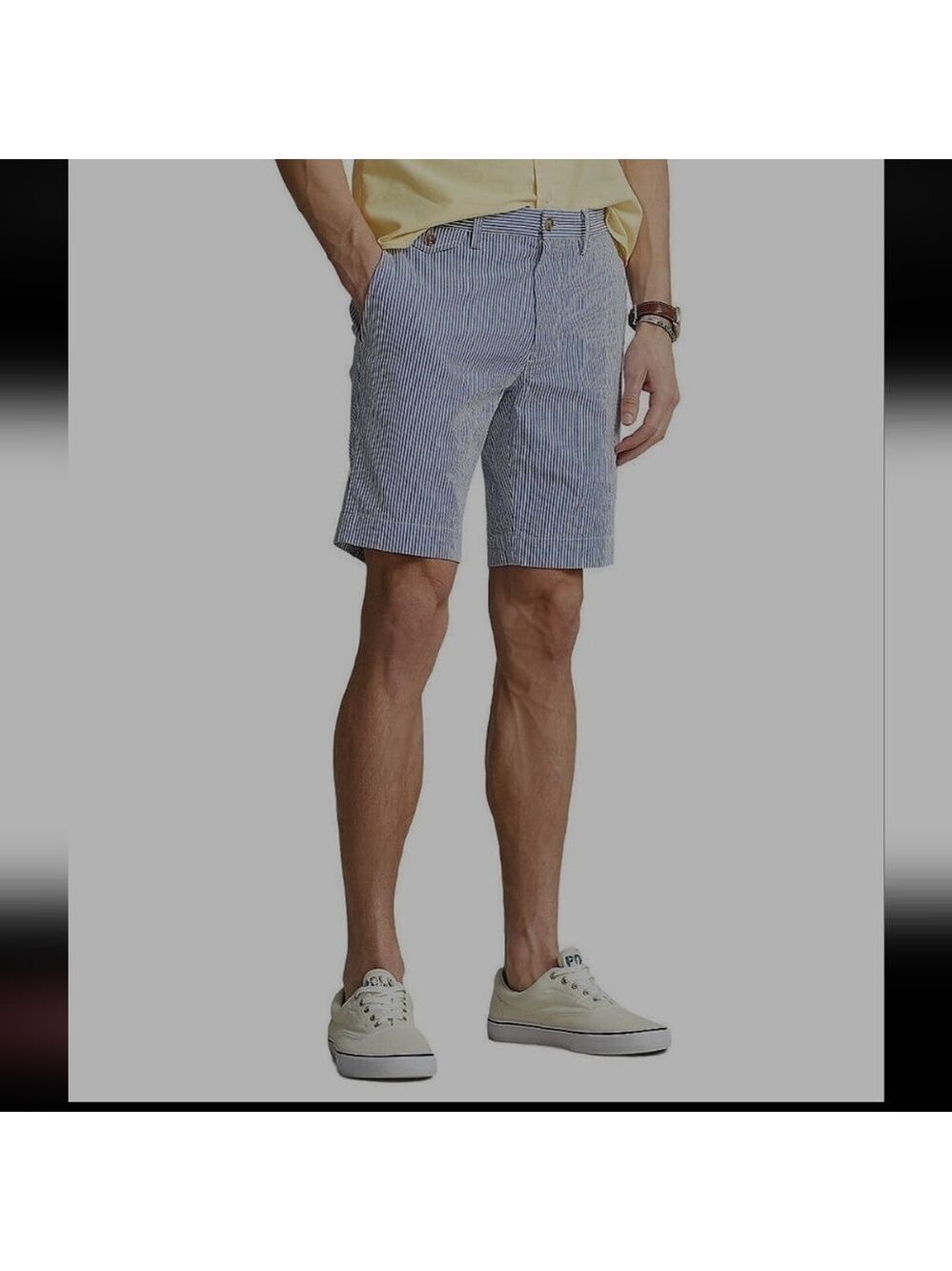 RALPH LAUREN MEN'S COTTON BLUE STRIPPED FLAT FRONT SHORTS 34